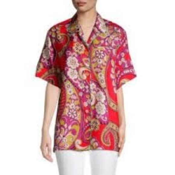 Entro 60s Inspired Groovy Floral Paisley Red‎ Button-Up Short-Sleeve Shirt Sz L - Picture 1 of 12